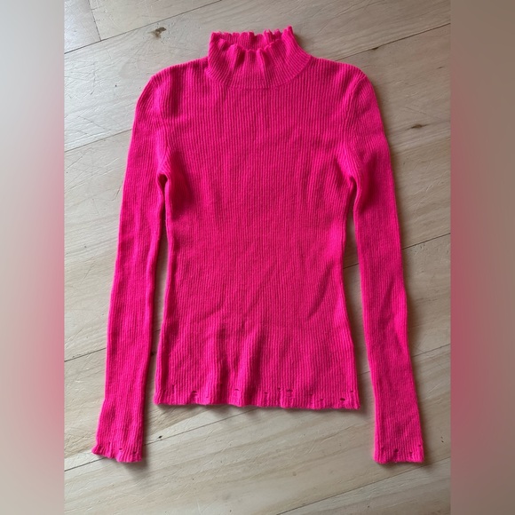 Les Reveries Distressed Neon Ribbed Cashmere Turtleneck Sweater In Bright Pink,New Products : American Fashion Style Bags On Sale